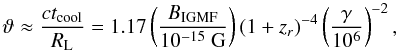 Mathematical equation: \begin{equation} \vartheta\approx \frac{ct_\mathrm{cool}}{R_\mathrm{L}} = 1.17\left(\frac{B_\mathrm{IGMF}}{10^{-15}\unit{G}}\right)(1+z_r)^{-4}\left(\frac{\gamma}{10^6}\right)^{-2}, \label{eqn:defl} \end{equation}