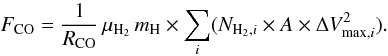 Mathematical equation: \begin{equation} L_{\rm{kin}}=\frac{1}{2 R_{\rm CO}} \,\mu_{\mathrm{H_{2}}} \, m_{\rm H} \times \sum_{i} (N_{{\rm H_{2}},i} \times A \times \Delta V_{{\rm max},i}^{3}) \end{equation}