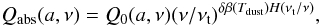 Mathematical equation: \begin{equation} Q_{\rm abs}(a, \nu) = Q_0(a, \nu) (\nu / \nu_{\rm t})^{\delta\beta(T_{\rm dust}) H(\nu_{\rm t}/\nu)}, \end{equation}