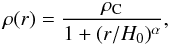 Mathematical equation: \begin{equation} \label{density_profile} \rho(r) = \frac{\rho_{\rm C}}{1 + (r/H_{0})^\alpha}, \end{equation}