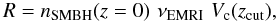 Mathematical equation: \begin{equation} \label{eq:appr} R=n_{\rm SMBH}(z=0)\,\,\nu_{\rm EMRI}\,\,V_{\rm c}(z_{\rm cut}), \end{equation}