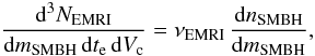 Mathematical equation: \begin{equation} \label{eq:merg} \frac{{\rm d}^3N_{\rm EMRI}}{{\rm d}m_{\rm SMBH}\,{\rm d}t_{\rm e}\,{\rm d}V_{\rm c}}=\nu_{\rm EMRI}\,\frac{{\rm d}n_{\rm SMBH}}{{\rm d}m_{\rm SMBH}}, \end{equation}