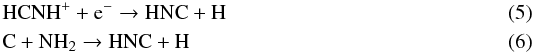 Mathematical equation: \begin{eqnarray} \label{reac-hcnh+_e-}&&\rm HCNH^+ + e^- \rightarrow HNC + H \\ \label{reac-c_nh2}&&\rm C + NH_2 \rightarrow HNC + H \end{eqnarray}