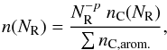 Mathematical equation: \appendix \setcounter{section}{2} \begin{equation} n(N_{\rm R}) = \frac{ N_{\rm R}^{-p} \ n_{\rm C}(N_{\rm R}) }{ \sum n_{\rm C,arom.} }, \label{eq_aromatics_size_dist} \end{equation}