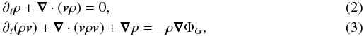 Mathematical equation: \begin{eqnarray} &&\partial_t\rho+\vec \nabla\cdot (\vec v\rho)=0,\\ &&\partial_t(\rho\vec v)+\vec\nabla\cdot(\vec v\rho\vec v)+\vec\nabla p=-\rho\vec\nabla \Phi_G, \end{eqnarray}