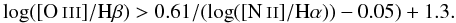 Mathematical equation: \begin{equation} \log([\ion{O}{iii}]/{\rm H}\beta) > 0.61/(\log([\ion{N}{ii}]/{\rm H}\alpha))-0.05)+1.3. \label{eq:BPT} \end{equation}