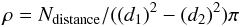 Mathematical equation: \begin{equation} \rho=N_{\rm distance}/((d_{1})^2-(d_{2})^2)\pi\label{eq3} \end{equation}