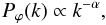 Mathematical equation: \begin{equation} P_\varphi(k)\propto k^{-\alpha}, \end{equation}