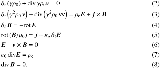 Mathematical equation: \begin{eqnarray} \label{consmassrelat}&&\partial_t\left(\gamma \rho_0\right) + {\mathrm{div}} \, \gamma \rho_0 \vec{v} = 0 \\[0.5mm] \label{mouvrelat}&& \partial_t\left(\gamma^2 \rho_0 \, \vec{v}\right) + {\mathrm{div}} \left(\gamma^2 \rho_0 \, \tens{vv} \right) = \rho_{\rm e} \vec{E} + {\vec{j}} \times {\vec{B}} \\[0.5mm] \label{Faradayrelat}&& \partial_t\, {\vec{B}} = - {\mathrm{rot}}\, {\vec{E}} \\[0.5mm] \label{Ampererelat}&& {\mathrm{rot}} \left({\vec{B}}/\mu_0\right) = {\vec{j}} + \varepsilon_o \, \partial_t {\vec{E}} \\[0.5mm] \label{MHDparfaiterelat} &&{\vec{E}} + {\vec{v}} \times {\vec{B}} = 0 \\[0.5mm] && \varepsilon_0 \, {\mathrm{div}} {\vec{E}} = \rho_{\rm e} \label{coulombrelat}\\[0.5mm] \label{divBnulle} && {\mathrm{div}}\, {\vec{B}} = 0. \end{eqnarray}