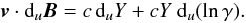 Mathematical equation: \appendix \setcounter{section}{1} \begin{equation} {\vec{v}} \cdot {\rm d}_u {\vec{B}} = c \, {\rm d}_u Y + cY \ {\rm d}_u \!\left(\ln \gamma\right)\!. \end{equation}
