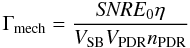 Mathematical equation: \begin{equation} \Gamma_{\rm mech} = \frac{ {\it SNR} E_0 \eta} { V_{\rm SB} V_{\rm PDR} n_{\rm PDR} } \label{eq:snr} \end{equation}
