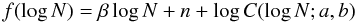 Mathematical equation: \begin{equation} f(\log N)=\beta \log N+n+\log C(\log N; a,b)\label{eqcddfitfunction} \end{equation}