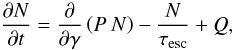 Mathematical equation: \begin{equation} \frac{\partial N}{\partial t}=\frac{\partial}{\partial \gamma}\left(P\:N \right)-\frac{N}{\tau_{\rm esc}}+Q, \end{equation}