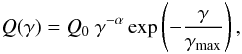 Mathematical equation: \begin{equation} Q(\gamma)=Q_{0}\:\gamma^{-\alpha}\exp\left(-\frac{\gamma}{\gamma_{\rm max}}\right), \end{equation}