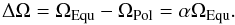 Mathematical equation: \begin{equation} \label{eq:shear} {\Delta\Omega}=\Omega_{\mathrm{Equ}}-\Omega_{\mathrm{Pol}}=\alpha\Omega_{\mathrm{Equ}}. \end{equation}