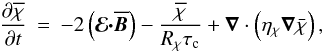 Mathematical equation: \begin{eqnarray} \frac{\partial\overline{\chi}}{\partial t} & = & -2\left(\boldsymbol{\mathcal{E}\cdot}\overline{\vec{B}}\right)-\frac{\overline{\chi}}{R_{\chi}\tau_{\rm c}}+\boldsymbol{\nabla}\cdot\left(\eta_{\chi}\boldsymbol{\nabla}\bar{\chi}\right),\label{eq:hel} \end{eqnarray}