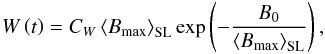 Mathematical equation: \begin{equation} W\left(t\right)=C_{W}\left\langle B_{{\rm max}}\right\rangle _{\rm SL} \exp\left(-\frac{B_{0}}{\left\langle B_{{\rm max}}\right\rangle _{\rm SL}}\right),\label{eq:wolf} \end{equation}
