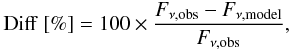 Mathematical equation: \begin{eqnarray} \mathrm{Diff~[\%]} = 100 \times \frac{F_{\nu, \mathrm{obs}} - F_{\nu, \mathrm{model}}}{F_{\nu, \mathrm{obs}}}, \end{eqnarray}