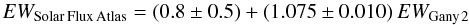 Mathematical equation: \begin{equation} EW_{\rm Solar\,Flux\,Atlas} = (0.8 \pm 0.5) + (1.075 \pm 0.010)\,EW_{\rm Gany\,2} \label{fit2} \end{equation}