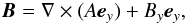 Mathematical equation: \begin{eqnarray*} {\vec B} = \nabla\times(A{\vec e}_y) + B_y{\vec e}_y, \end{eqnarray*}