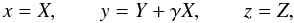 Mathematical equation: \begin{equation} \label{deform_shear} x = X, \qquad y = Y + \gamma X, \qquad z = Z, \end{equation}