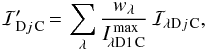 Mathematical equation: \begin{equation} \mathcal{I}^{\prime}_{{\rm D}{j}{\,\rm C}}{\,=\,}\sum_{\lambda} \frac{w_{\lambda}}{I^{\,\rm max}_{{\!\lambda}{\rm D}{1}{\,\rm C}}}\,\mathcal{I}_{{\!\lambda}{\rm D}{j}{\,\rm C}}, \label{combining.waves.2} \end{equation}