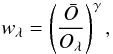 Mathematical equation: \begin{equation} w_{\lambda}=\left(\frac{\bar{O}}{O_{\lambda}}\right)^{\gamma}, \label{weighting} \end{equation}