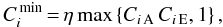 Mathematical equation: \begin{equation} C^{\,\rm min}_{i}{\,=\,}\eta \max \left\{ C_{i\,\rm A}{\,}C_{i\,\rm E}, 1 \right\}, \label{minimum.contrast} \end{equation}