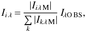 Mathematical equation: \begin{equation} I_{i{\,\lambda}}{\,=\,}\frac{|I_{{i}{\lambda}{\,\rm M}}|}{\sum\limits_{k} |I_{{k}{\lambda}{\,\rm M}}|}\,I_{{\!\lambda}{\rm O}{\,\rm BS}}, \label{deblending.formula} \end{equation}