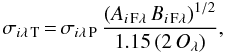 Mathematical equation: \begin{equation} \sigma_{{i}{\lambda}{\,\rm T}}{\,=\,}\sigma_{{i}{\lambda}{\,\rm P}}\, \frac{(A_{{i}{\,\rm F}{\lambda}}\,B_{{i}{\,\rm F}{\lambda}})^{1/2}}{1.15\,(2\,O_{\lambda})},\label{total.flux.error} \end{equation}