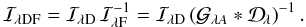 Mathematical equation: \begin{equation} \mathcal{I}_{{\!\lambda}{\rm D}{\rm F}} = \mathcal{I}_{{\!\lambda}{\rm D}}\,\mathcal{I}^{-1}_{{\!\lambda}{\rm F}} = \mathcal{I}_{{\!\lambda}{\rm D}} \left(\mathcal{G_{{\lambda}{\it A}}} * \mathcal{D}_{\!\lambda}\right)^{-1}. \label{flattening} \end{equation}