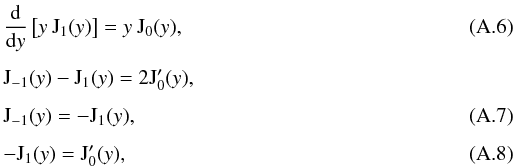 Mathematical equation: \appendix \setcounter{section}{1} \begin{eqnarray} \label{J1} &&\frac{\mathrm{d}}{\mathrm{d}y}\left[y\: \mathrm{J}_1(y)\right] = y\:\mathrm{J}_{0}(y),\\[1.5mm] &&\mathrm{J}_{-1}(y)-\mathrm{J}_{1}(y) = 2\mathrm{J}'_0(y),\nonumber\\[1.5mm] &&\mathrm{J}_{-1}(y) =-\mathrm{J}_1(y),\\[1.5mm] \label{J2} &&-\mathrm{J}_1(y) =\mathrm{J}'_0(y), \end{eqnarray}