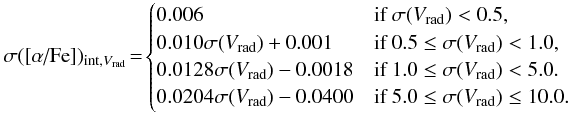 Mathematical equation: \begin{equation*} \sigma([\alpha\text{/Fe}])_{{\rm int},{V}_{\rm rad}}\!=\! \begin{cases} 0.006 & \text{if }\sigma({V}_{\rm rad}) < 0.5, \\ 0.010 \sigma({V}_{\rm rad}) + 0.001 &\text{if }0.5 \leq \sigma({V}_{\rm rad}) < 1.0 , \\ 0.0128 \sigma({V}_{\rm rad}) - 0.0018 &\text{if }1.0 \leq \sigma({V}_{\rm rad}) < 5.0. \\ 0.0204 \sigma({V}_{\rm rad}) - 0.0400 &\text{if }5.0 \leq \sigma({V}_{\rm rad}) \leq 10.0. \end{cases} \end{equation*}