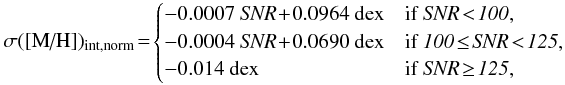 Mathematical equation: \begin{equation*} \sigma(\text{[M/H]})_{\rm int,norm}\!=\! \begin{cases} -0.0007 {\it ~SNR} \!+\! 0.0964 \text{~dex} & \text{if }\it SNR \!<\! 100,\\ -0.0004 {\it ~SNR} \!+\! 0.0690 \text{~dex} & \text{if }\it 100 \!\leq\! SNR \!<\! 125,\\ -0.014 \text{~dex} & \text{if }\it SNR \!\geq\! 125,\\ \end{cases}\\ \end{equation*}