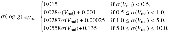 Mathematical equation: \begin{equation*} \sigma(\log \ g)_{{\rm int},{V}_{\rm rad}}\!=\! \begin{cases} 0.015 & \text{if }\sigma({V}_{\rm rad}) < 0.5, \\ 0.028 \sigma({V}_{\rm rad}) + 0.001 &\text{if }0.5 \leq \sigma({V}_{\rm rad}) < 1.0, \\ 0.0287 \sigma({V}_{\rm rad}) + 0.00025 &\text{if }1.0 \leq \sigma({V}_{\rm rad}) < 5.0. \\ 0.0558 \sigma({V}_{\rm rad}) \!+\! 0.135 &\text{if }5.0 \leq \sigma({V}_{\rm rad}) \leq 10.0. \end{cases} \end{equation*}