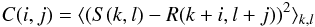 Mathematical equation: \begin{eqnarray} C(i,j)= \langle(S(k,l)-R(k+i,l+j))^2\rangle_{k,l} \end{eqnarray}