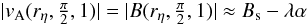 Mathematical equation: \begin{equation*} |v_{\rm A}(r_\eta,\tfrac{\pi}{2},1)| = |B(r_\eta,\tfrac{\pi}{2},1)| \approx B_{\rm s} -\lambda \alpha \end{equation*}