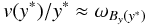 Mathematical equation: \begin{equation} v(y^*)/y^* \approx \omega_{B_y(y^*)} \end{equation}