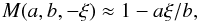Mathematical equation: \begin{equation} M(a,b,-\xi) \approx 1 - a\xi/b, \label{powerseries} \end{equation}