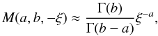 Mathematical equation: \begin{equation} M(a,b,-\xi) \approx \frac{\Gamma(b)}{\Gamma(b-a)}\xi^{-a}, \label{asympspine} \end{equation}