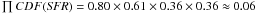 Mathematical equation: \hbox{$\prod CDF({\it SFR})=0.80\times0.61\times0.36\times0.36\approx0.06$}