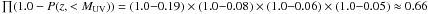 Mathematical equation: \hbox{$\prod (1.0-P(z,<M_{\rm UV}))=(1.0{-}0.19)\times(1.0{-}0.08)\times(1.0{-}0.06)\times(1.0{-}0.05)\approx0.66$}