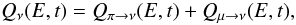 Mathematical equation: \begin{equation} Q_{\nu}(E,t) = Q_{\pi \rightarrow \nu}(E,t) + Q_{\mu \rightarrow \nu}(E,t) , \end{equation}