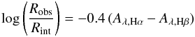 Mathematical equation: \begin{equation} \label{balmer_eq_1} \log \left( {\frac{{R_{{\rm{obs}}} }}{{R_{{\rm{int}}} }}} \right) = - 0.4\, (A_{\lambda ,{\rm{H}}\alpha } - A_{\lambda ,{\rm{H}}\beta } ) \end{equation}