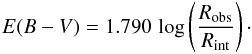 Mathematical equation: \begin{equation} \label{balmer_eq_2} E(B - V) = 1.790\, \log \left( {\frac{{R_{{\rm{obs}}} }}{{R_{{\rm{int}}} }}} \right)\cdot \end{equation}