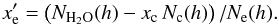 Mathematical equation: \appendix \setcounter{section}{1} \begin{equation} x_{\rm e}'= \left(N_{{\rm H}_2{\rm O}}(h) -x_{\rm c}\,N_{\rm c}(h)\right)/N_{\rm e}(h). \end{equation}