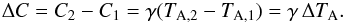 Mathematical equation: \appendix \setcounter{section}{1} \begin{equation} \Delta C =C_2-C_1=\gamma(T_{{\rm A},2}-T_{{\rm A},1})= \gamma \,\Delta T_{\rm A}. \end{equation}