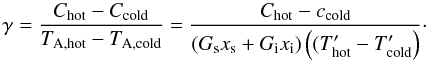 Mathematical equation: \appendix \setcounter{section}{1} \begin{equation} \gamma=\frac{C_{\rm hot}-C_{\rm cold}} {T_{\rm A,hot}-T_{\rm A,cold}} = \frac{C_{\rm hot}-c_{\rm cold}} {(G_{\rm s} x_{\rm s} +G_{\rm i}x_{\rm i}) \left((T'_{\rm hot}-T'_{\rm cold}\right) }\cdot \end{equation}