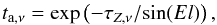 Mathematical equation: \begin{equation} t_{{\rm a},\nu} = \exp\left( -\tau_{Z,\nu}/\!\sin(El)\right), \end{equation}