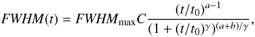 Mathematical equation: \begin{equation} \label{eq_fwhmcolumn} \FWHMEQ(t) = \FWHMEQ_{\rm max} C \frac{(t/t_0)^{a-1}}{(1+(t/t_0)^\gamma)^{(a+b)/\gamma}}, \end{equation}
